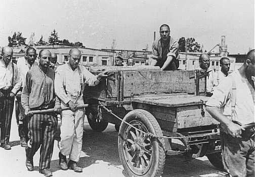 Prisoners at forced labor. Photo taken during an SS inspection.