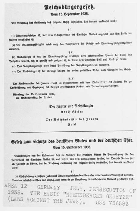 Samples of the Nuremberg Race Laws (the Reich Citizenship Law and the Law for the Protection of German Blood and Honor).