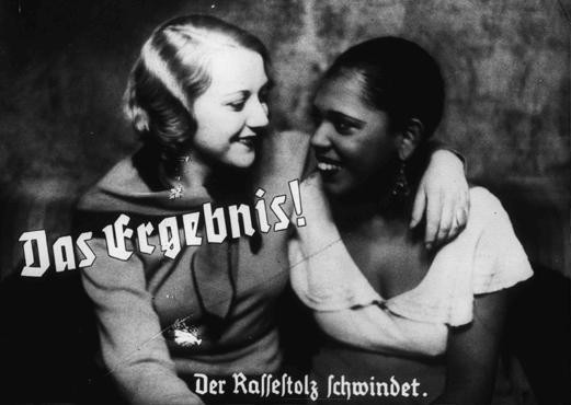 Nazi propaganda photo depicts friendship between an "Aryan" and a black woman.