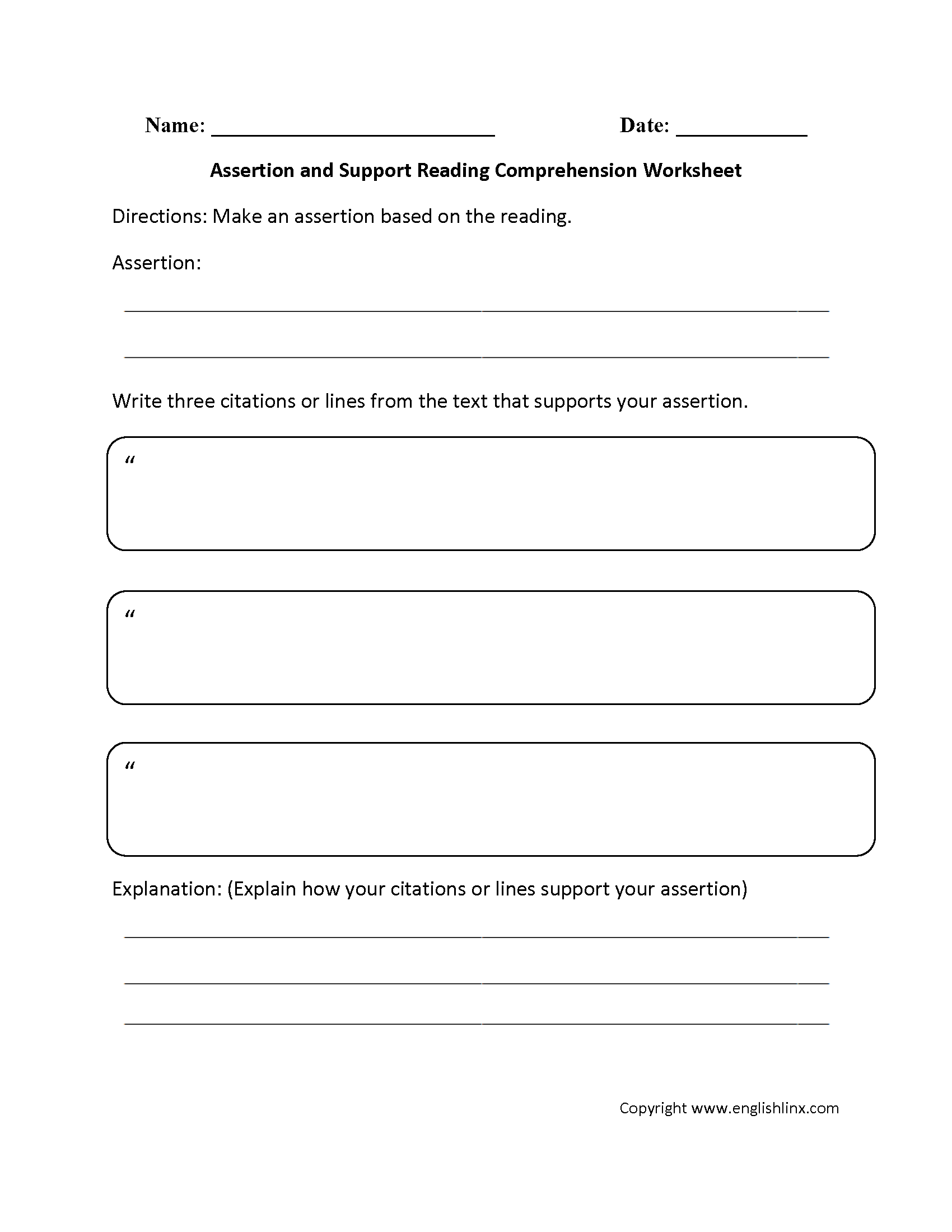 Assertion and Support Reading Comprehension Worksheet