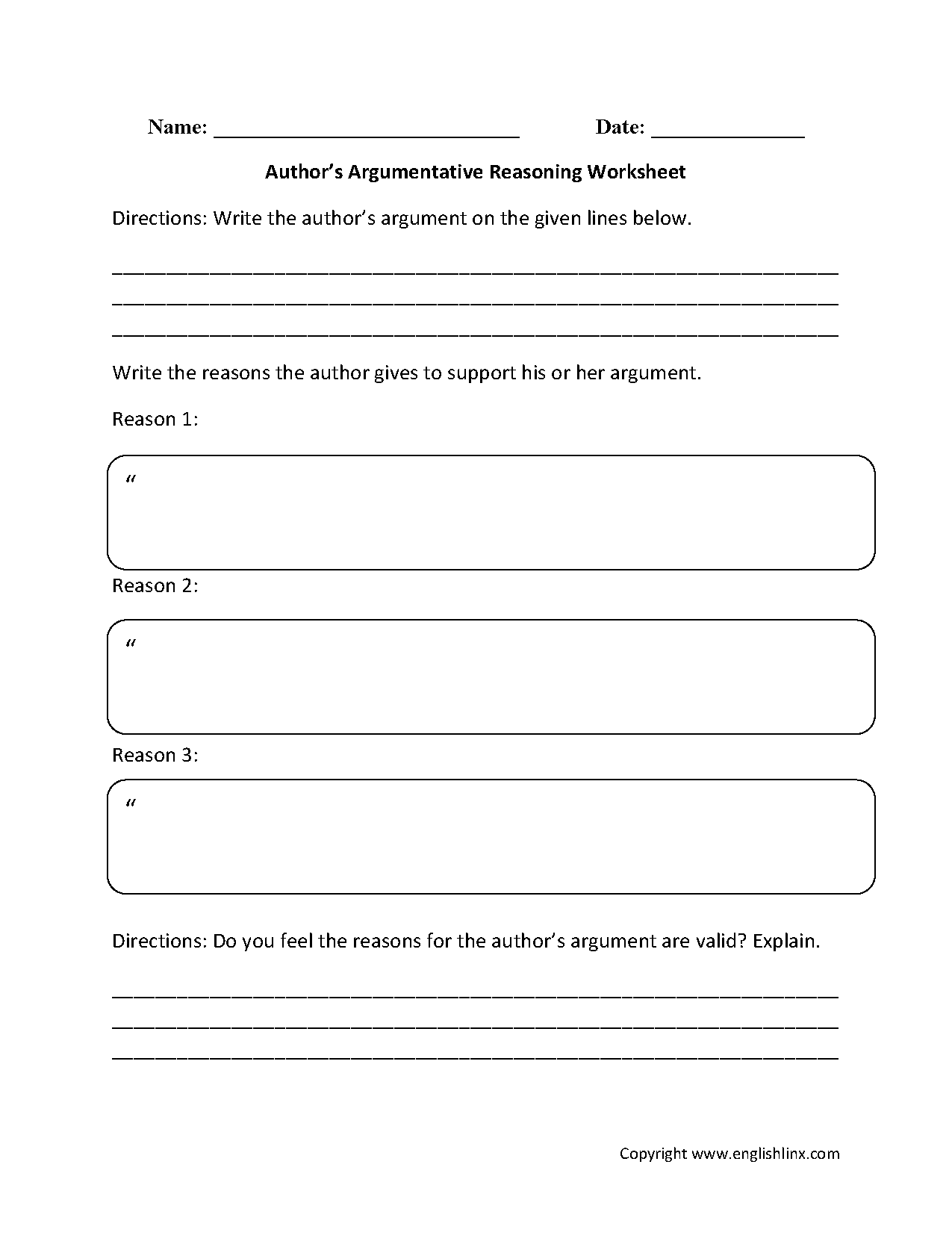 Author's Argumentative Reasoning Reading Comprehension Worksheets