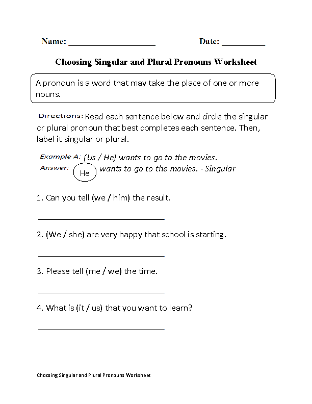 Singular and Plural Pronouns Worksheets