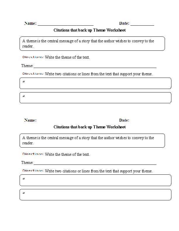 Citations that back up Theme Worksheet