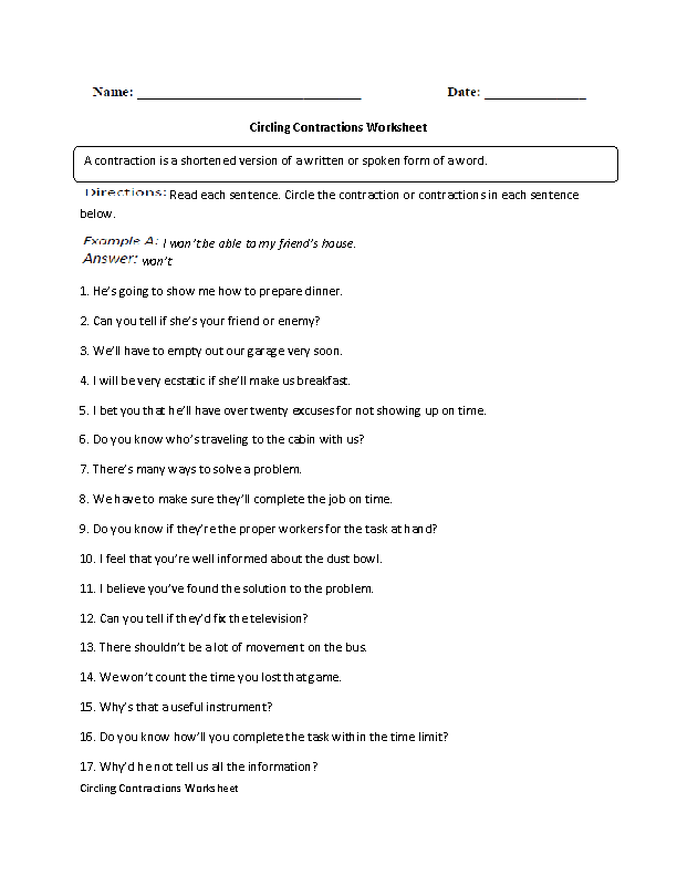 Finding Contractions Worksheet