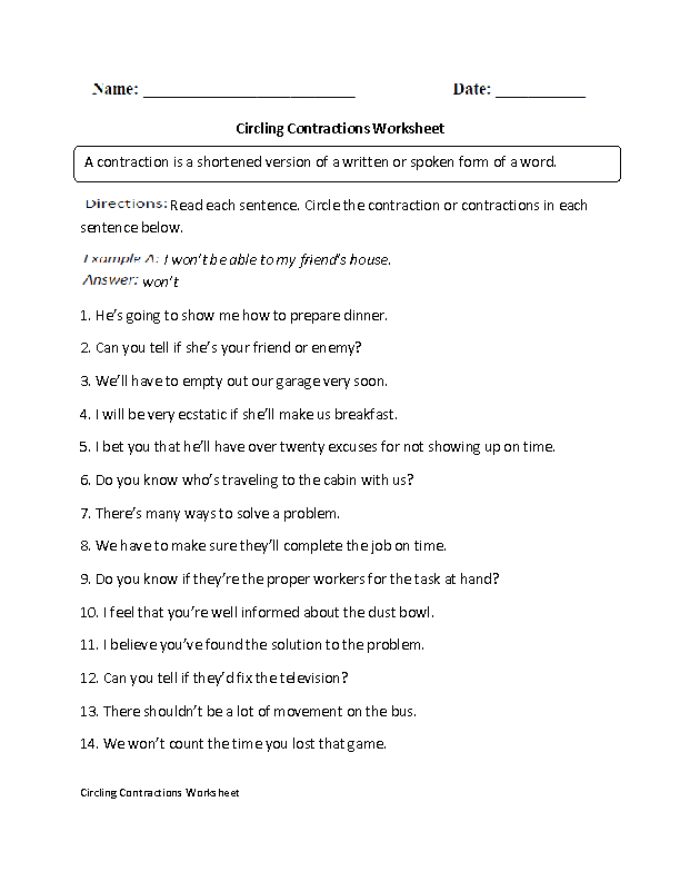 Circling Contractions Worksheet