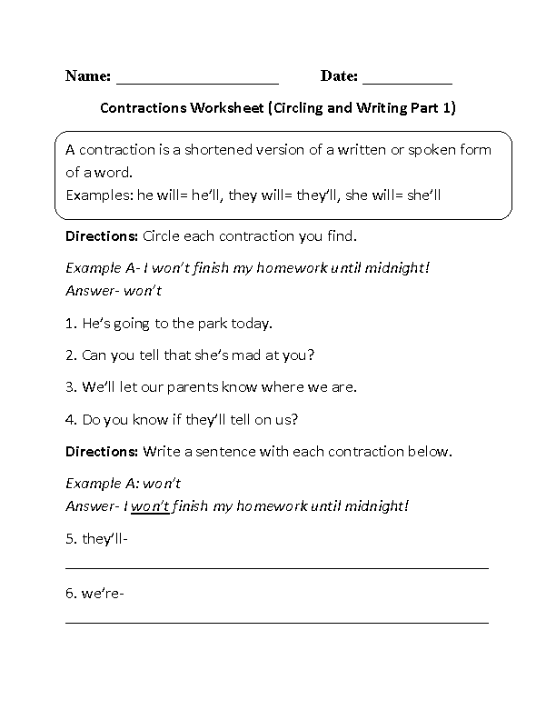 Circling and Writing Contractions Worksheet