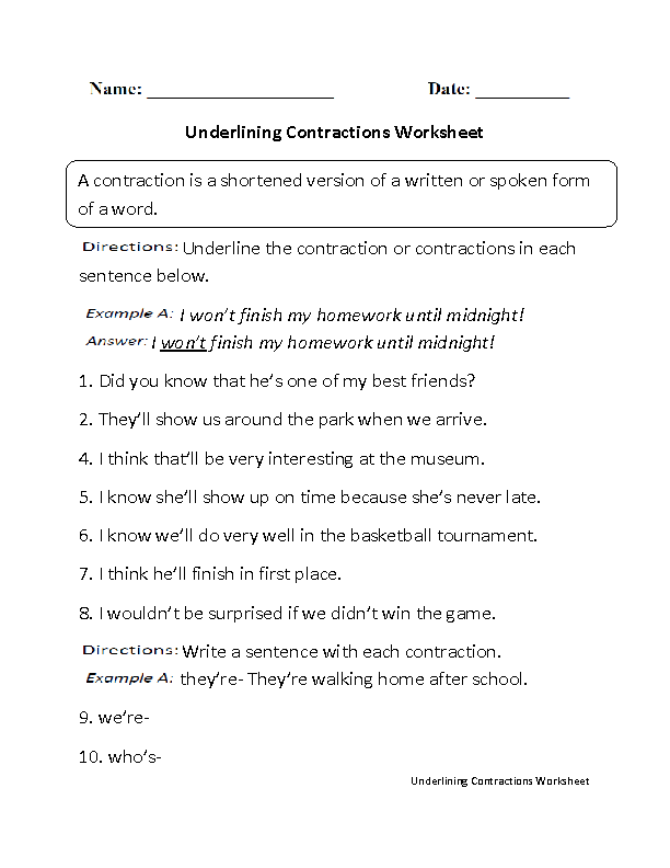 Underlining<br>Contractions Worksheet