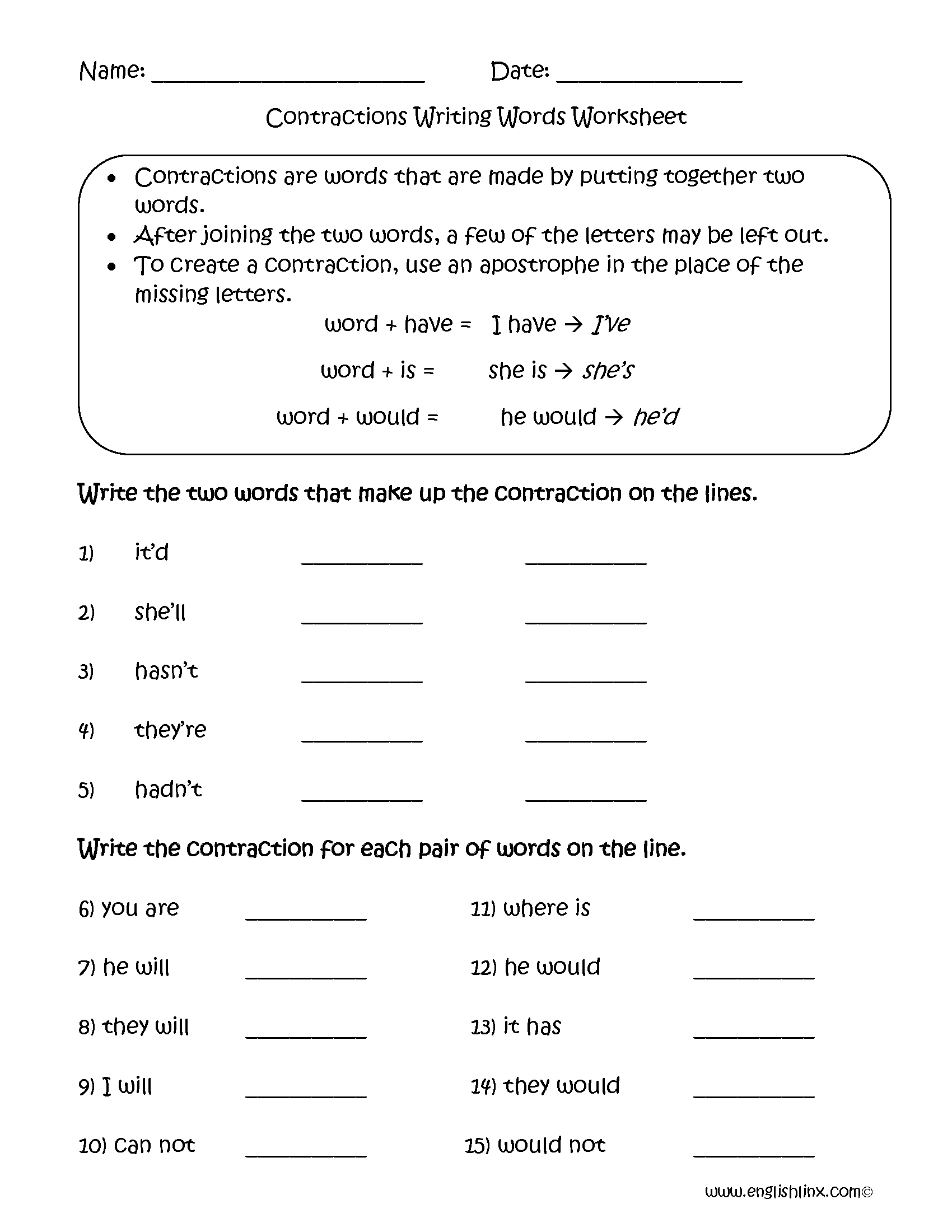 Contraction Words Worksheets