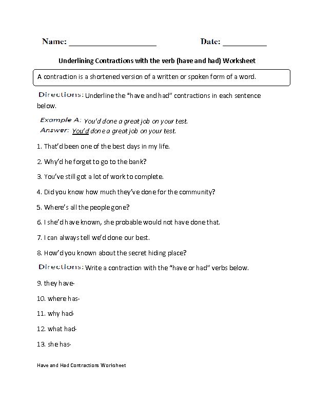 have and had Contractions Worksheet