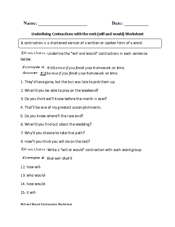 will and would Contractions Worksheet