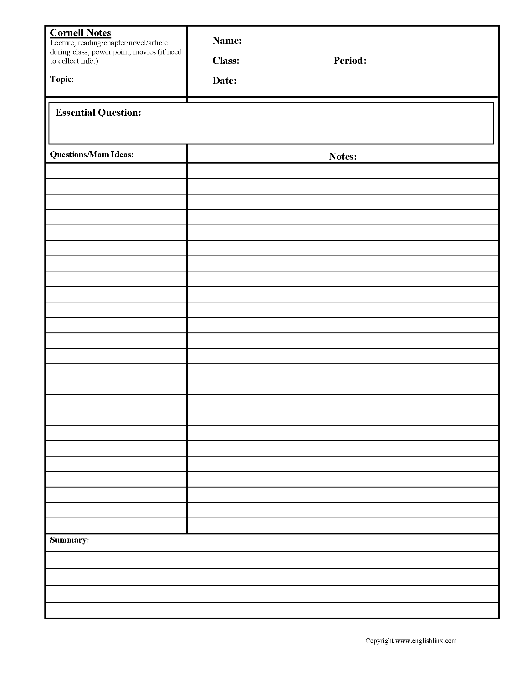 Cornell Notes Reading Comprehension<br>Worksheets