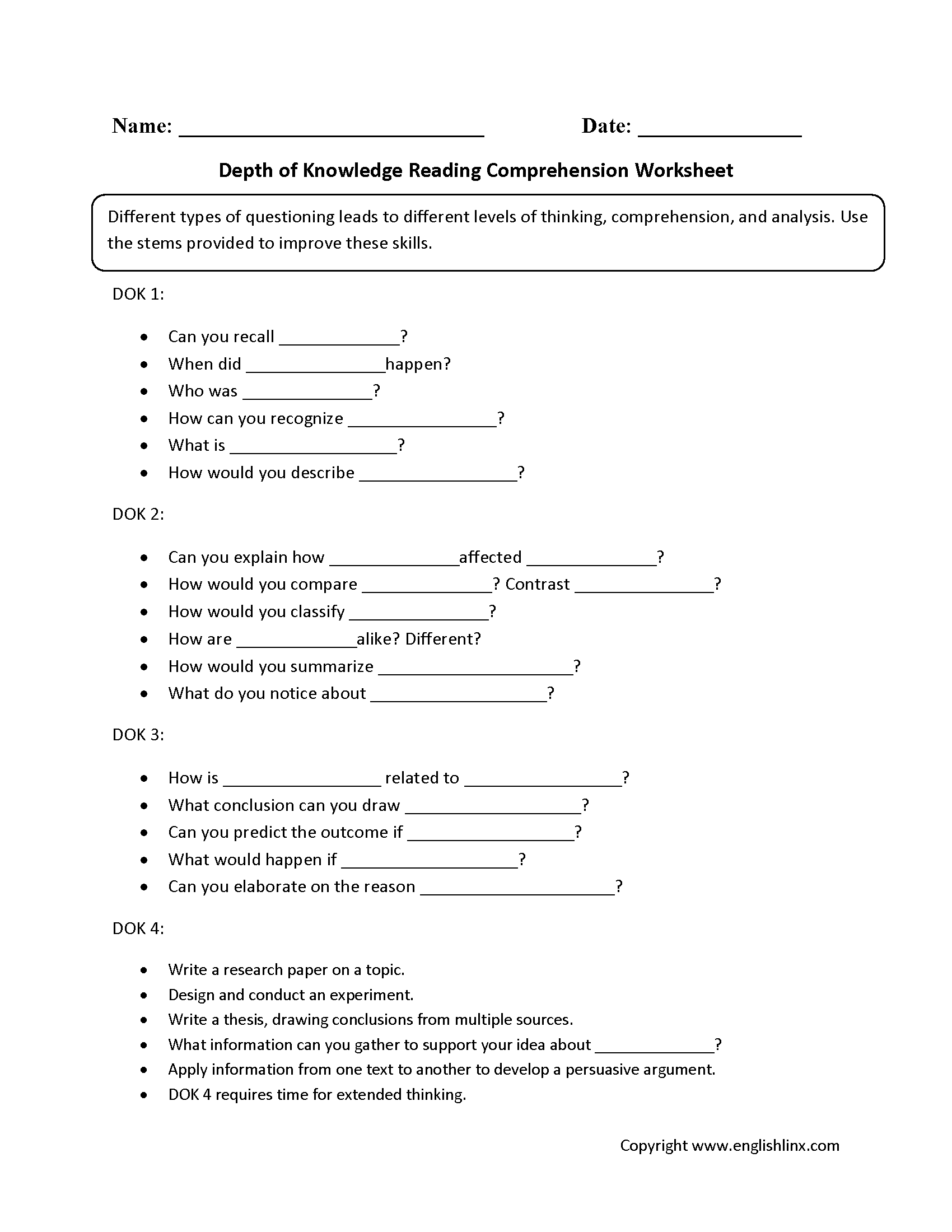 Depth of Knowledge Reading Comprehension Worksheets