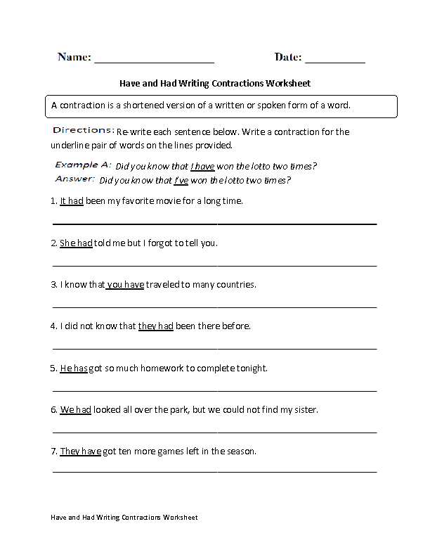 Have and Had Writing Contractions Worksheet