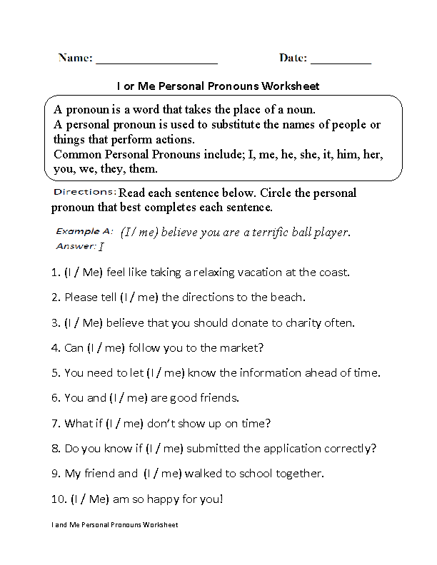 Regular Pronouns Worksheets