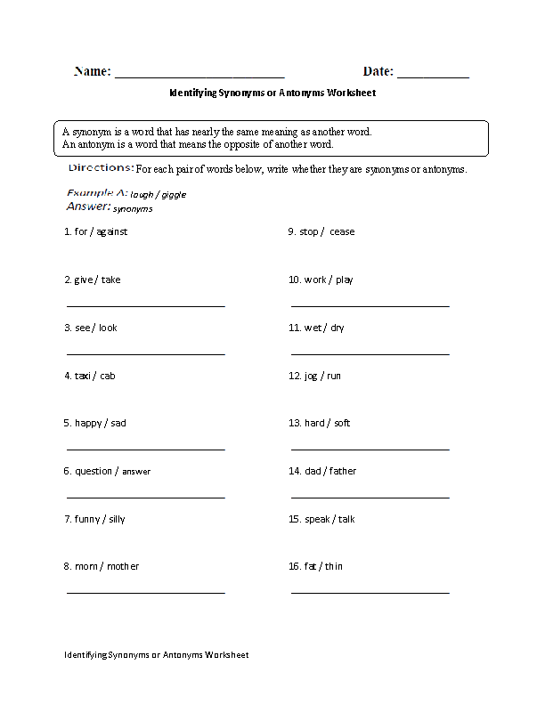 Identifying Synonyms or Antonyms Worksheet