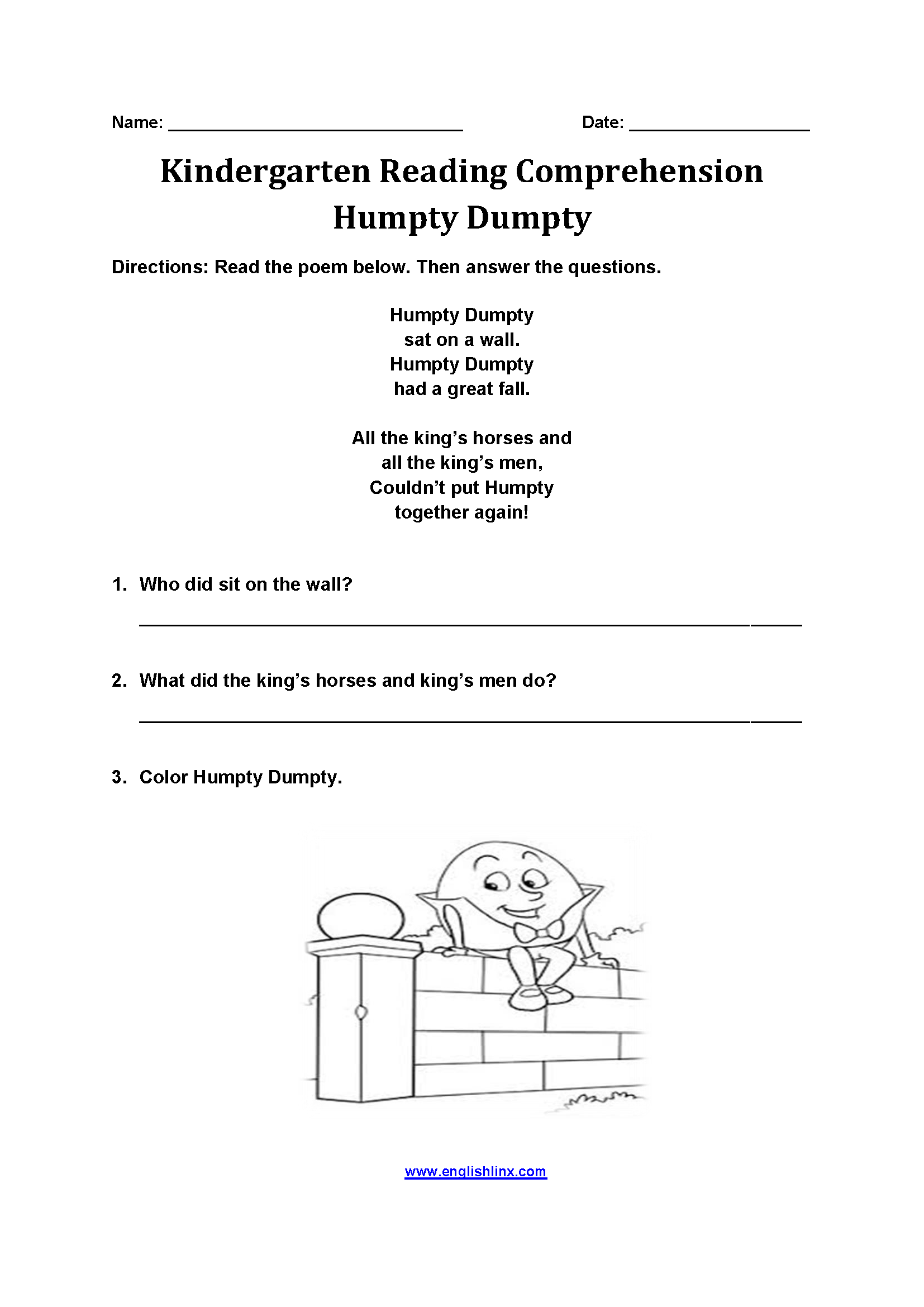 Kindergarten Reading Comprehension Worksheets