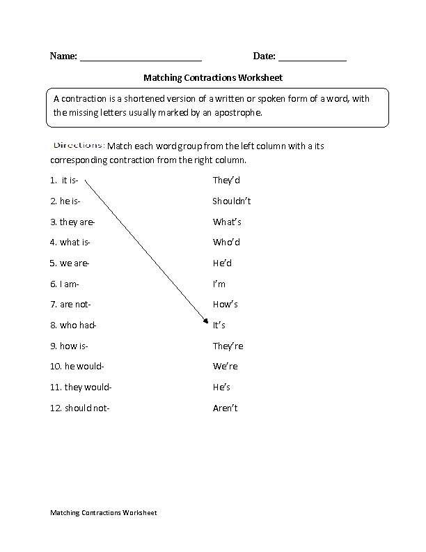 Matching Contractions Worksheet