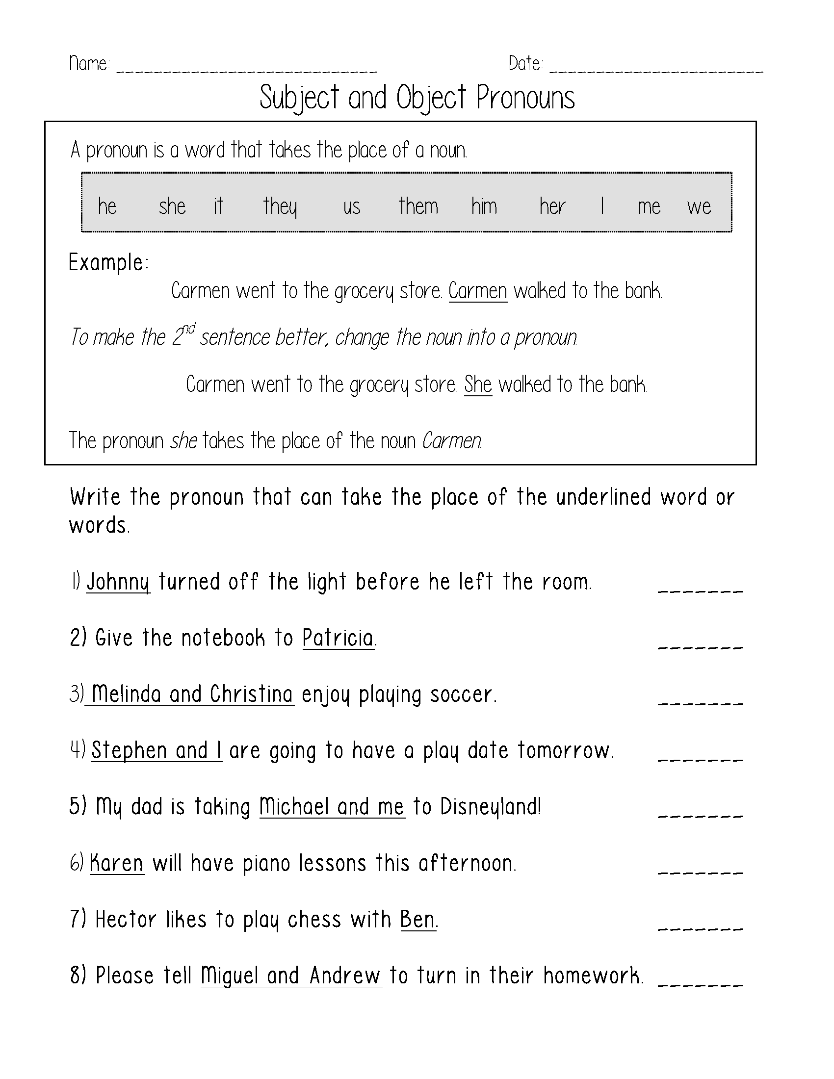 Subject and Object Pronouns Worksheets