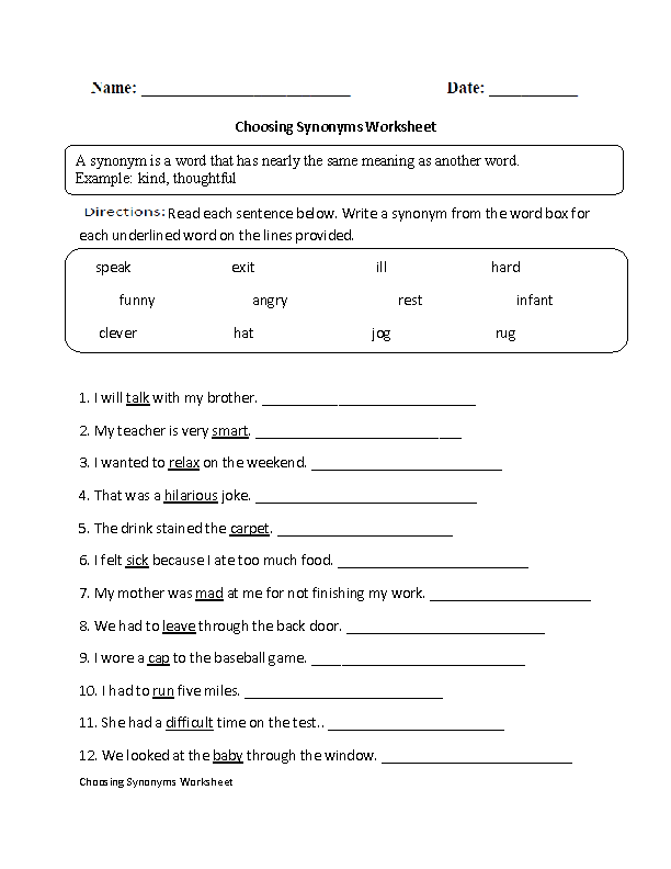 Choosing Synonyms Worksheet