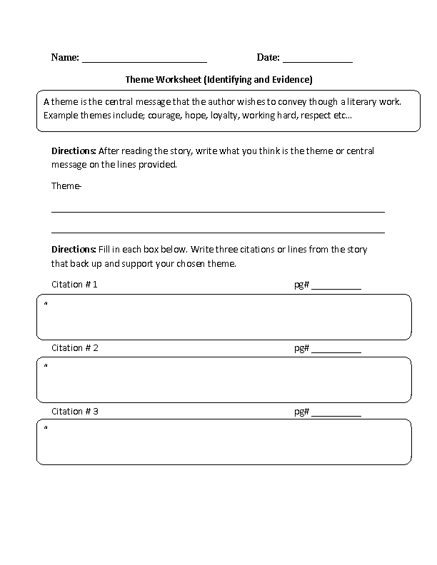 Theme Worksheet Identifying and Evidence