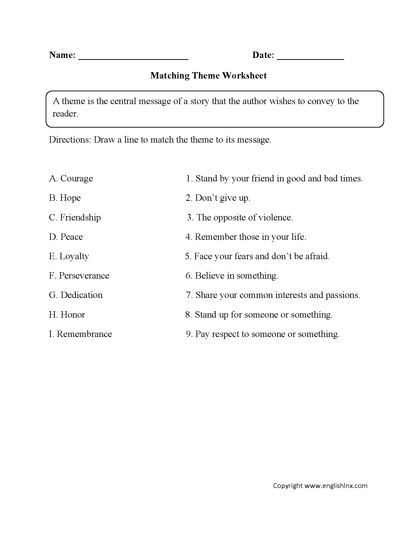 Matching Theme Worksheet