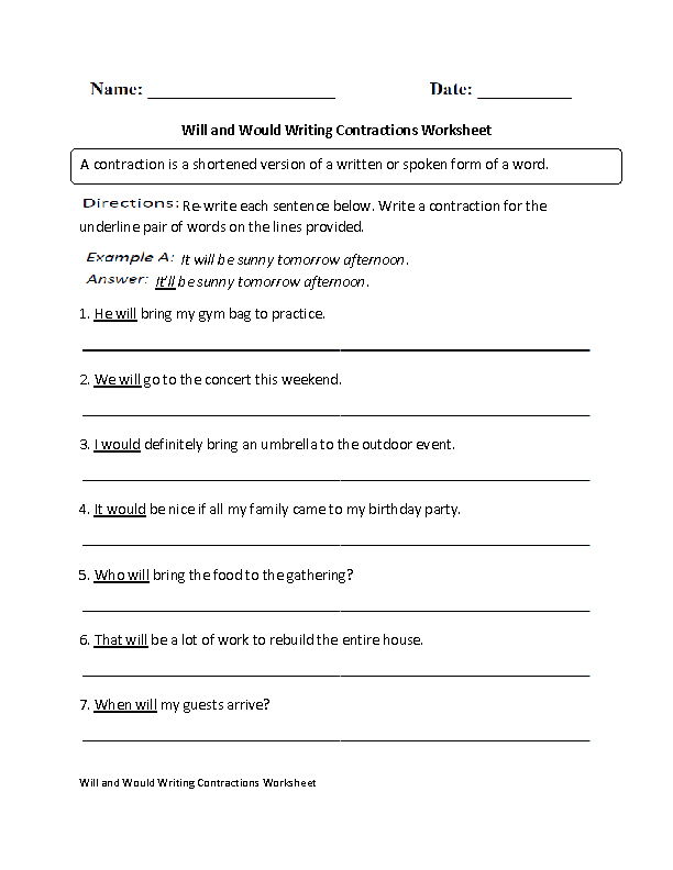 Will and Would Writing Contractions Worksheet