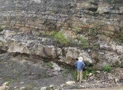 A person looks at cap carbonate rocks