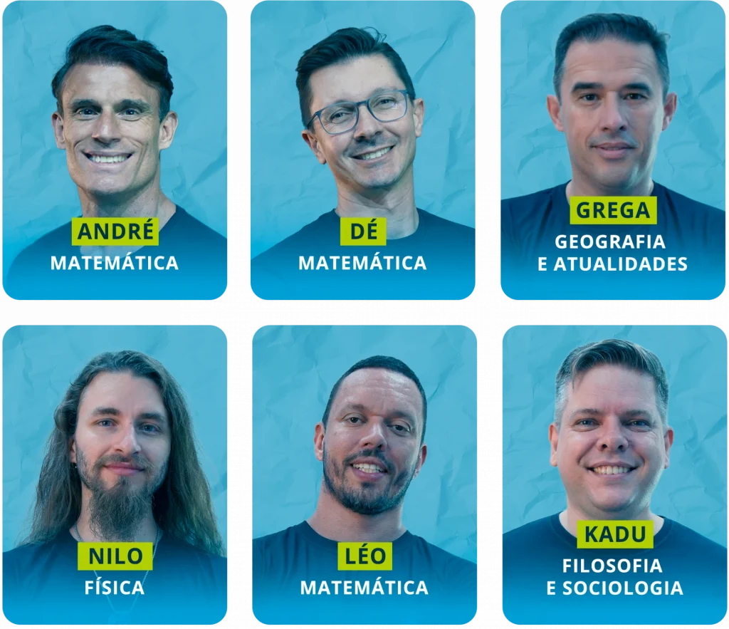 A imagem contém fotos de 6 professores, chamados: André, Dé, Grega, Nilo, Léo e Kadu, que dão as videoaulas na plataforma da Estuda.com de diferentes disciplinas.