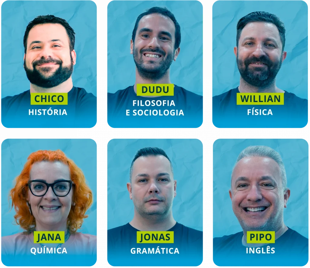 A imagem contém fotos de 6 professores, chamados: Chico, Dudu, Willian, Jana, Jonas e Pipo, que dão as videoaulas na plataforma da Estuda.com de diferentes disciplinas.