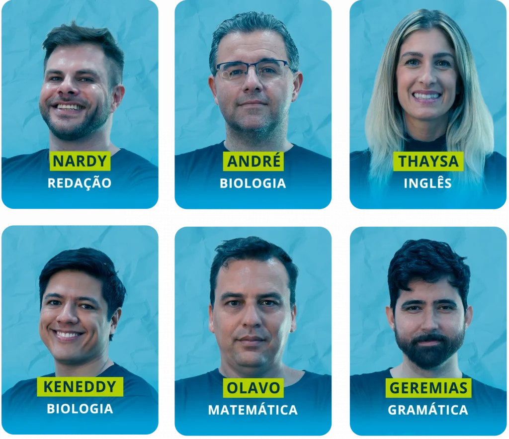 A imagem contém fotos de 6 professores, chamados: Nardy, André, Thaysa, Kenedy, Olavo e Geremias, que dão as videoaulas na plataforma da Estuda.com de diferentes matérias.