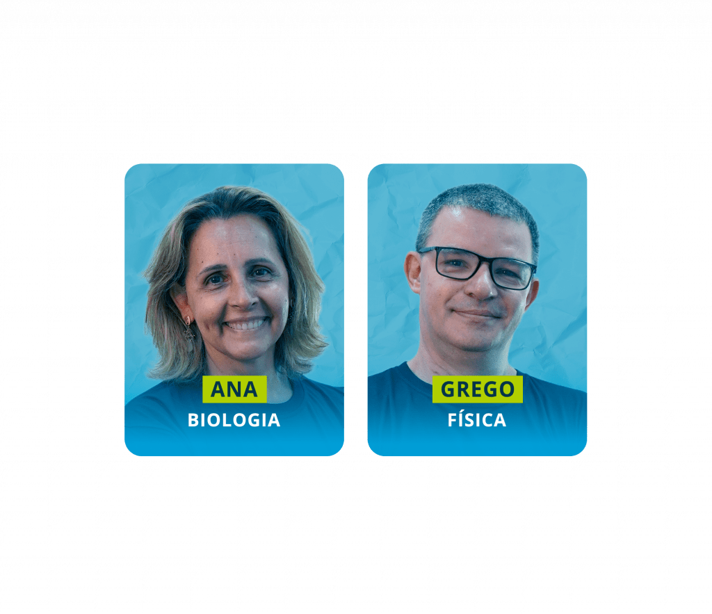 A imagem contém fotos de 2 professores, chamados: Ana e Grego, que dão as videoaulas na plataforma da Estuda.com das disciplinas de biologia e Física.