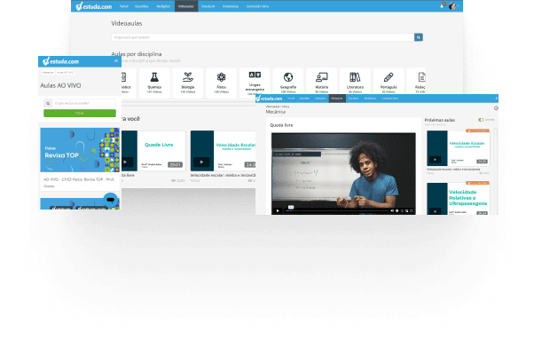 Imagem da plataforma da Estuda.com que mostra onde fica as aulas ao vivo e videoaulas disponíveis para os usuários.