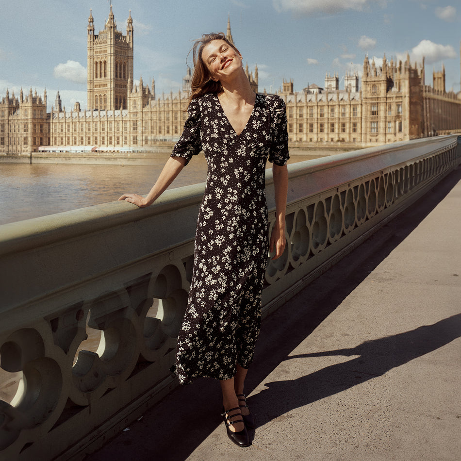 FRONT FULL BODY EDITORIAL IMAGE OF MODEL WEARING ZARIAH DRESS