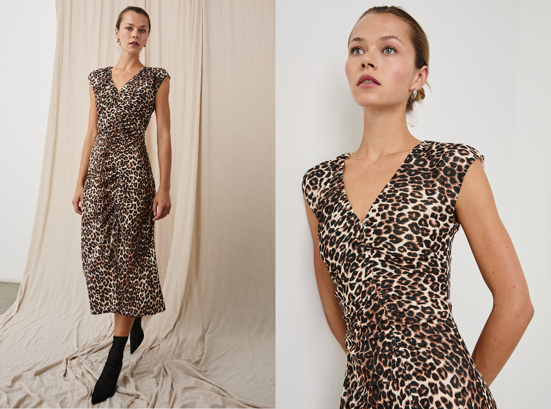 TWO SIDE BY SIDE EDITORIAL IMAGES OF MODEL WEARING AUREN DRESS