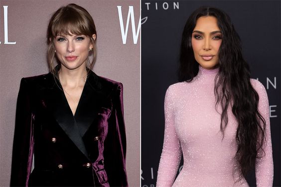 Taylor Swift attends the "All Too Well" New York Premiere on November 12, 2021 in New York City., Kim Kardashian attends the Kering Caring For Women Dinner at The Pool on September 12, 2023 in New York City.