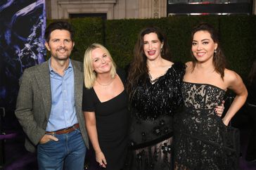 Adam Scott, Amy Poehler, Kathryn Hahn and Aubrey Plaza attend the launch event for Marvel Television's Agatha All Along at El Capitan Theatre in Hollywood, California on September 16, 2024.