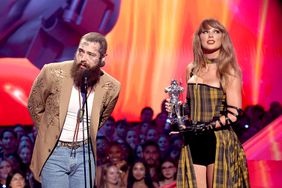 Post Malone and Taylor Swift accept the Best Collaboration award for "Fortnight" on stage during the 2024 MTV Video Music Awards at UBS Arena on September 11, 2024 in Elmont, New York. 