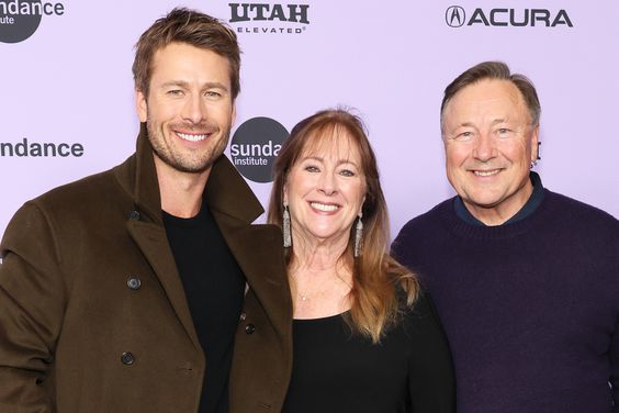 Glen Powell, Cyndy Powell and and Glen Powell Sr. attend the "Hit Man" Premiere during the 2024 Sundance Film Festival at Eccles Center Theatre on January 22, 2024 in Park City, Utah.