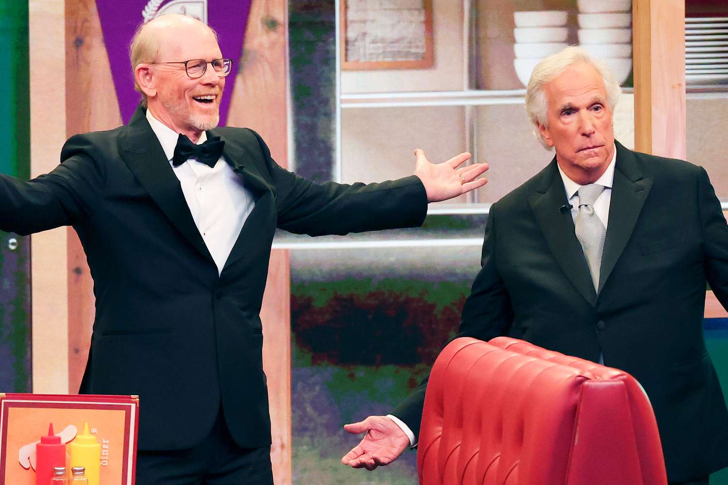 Ron Howard and Henry Winkler at the 76th Primetime Emmy Awards held at Peacock Theater on September 15, 2024 in Los Angeles, California