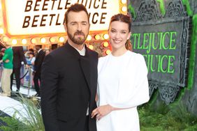 Justin Theroux and Nicole Brydon Bloom attend the UK Premiere of "Beetlejuice Beetlejuice" at Cineworld Leicester Square on August 29, 2024 in London, England. 