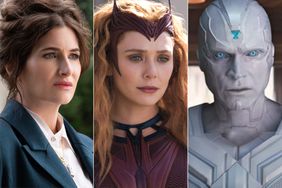 Agatha Harkness (Kathryn Hahn) in Marvel Television's AGATHA ALL ALONG, Scarlet Witch/Wanda Maximoff (Elizabeth Olsen) in WANDAVISION, Paul Bettany as The Vision in Marvel Studios' WANDAVISION 