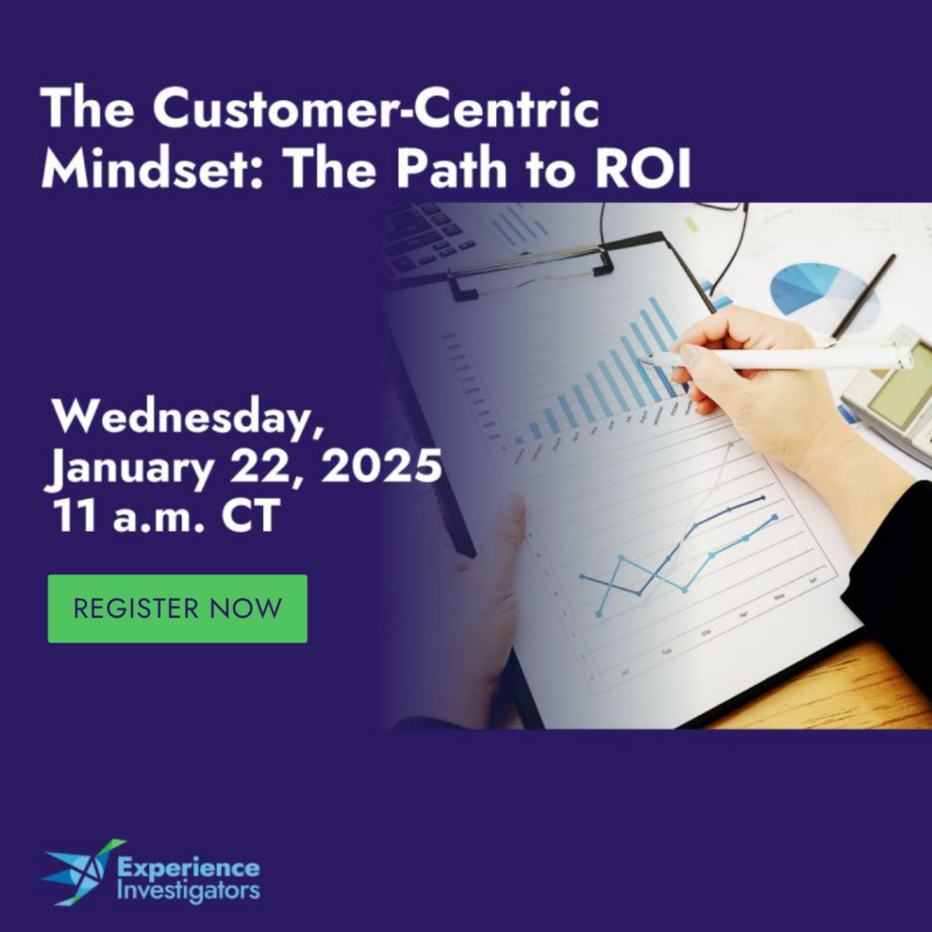 A purple square with a image with a person writing on a printed graph with text "The Customer-Centric Mindset: The Path to ROI"