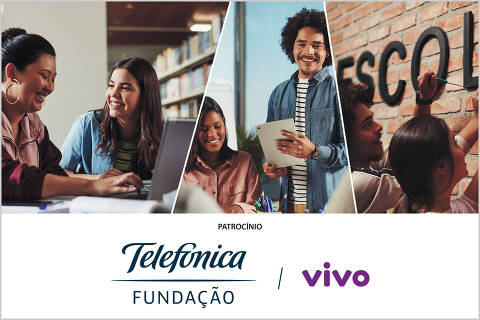 montagem de imagens com o logo da telefonica e vivo. Pessoas estudando e formando a palavra 