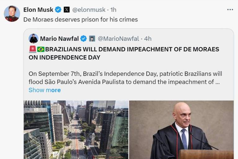 Elon Musk pede impeachment de Moraes e estimula manifestações de 7 de Setembro