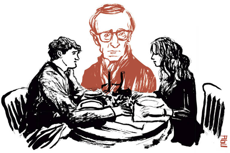 Um casal sentado à mesa em um jantar romântico, tendo como fundo a imagem do rosto do diretor de cinema Woody Allen