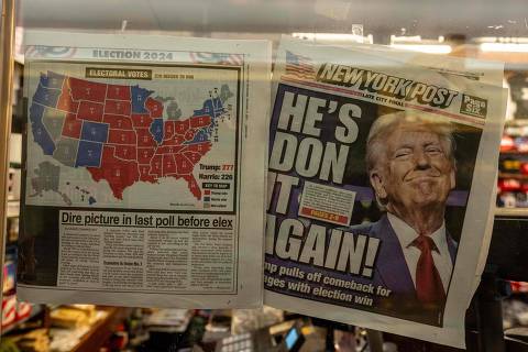 TOPSHOT - The New York Post is displayed in the window of a newsstand inside of Trump Tower in New York City, November 6, 2024. Donald Trump won a sweeping victory Wednesday in the US presidential election, defeating Kamala Harris to complete an astonishing political comeback that sent shock waves around the world. (Photo by David Dee Delgado / AFP) ORG XMIT: DDD2550