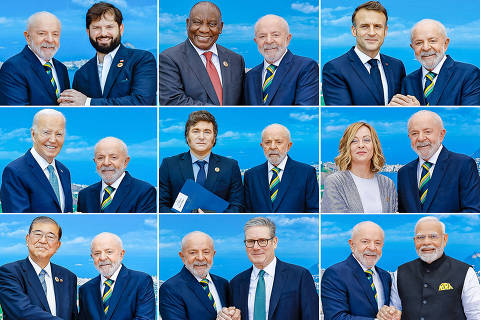 MONTAGEM, Rio de Janeiro, Brasil, 18 de novembro de 2024, President Luiz Inacio Lula da Silva (L) greeting Chile's President Gabriel Boric***Luiz Inácio Lula da Silva, cumprimenta o presidente da África do Sul, Cyril Ramaphosa***President Luiz Inacio Lula da Silva greeting France's President Emmanuel Macron***Luiz Inácio Lula da Silva (D), cumprimentando o presidente dos EUA, Joe Biden***Presidência da Argentina Karina Milei e Luiz Inácio Lula da Silva***Luiz Inácio Lula da Silva, cumprimenta a primeira-ministra da Itália, Giorgia Meloni***Luiz Inácio Lula da Silva (E), cumprimentando o primeiro-ministro do Japão, Shigeru Ishiba***Luiz Inácio Lula da Silva, cumprimenta o primeiro-ministro britânico Keir Starmer***Luiz Inácio Lula da Silva, cumprimenta o primeiro-ministro da Índia, Narendra Modi, na cúpula do G20, no Rio de Janeiro, DIREITOS RESERVADOS. NÃO PUBLICAR SEM AUTORIZAÇÃO DO DETENTOR DOS DIREITOS AUTORAIS E DE IMAGEM