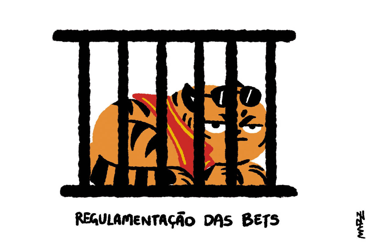 A charge de Marília Marz, publicada no dia 14/12, de título "Regulamentação das Bets" mostra um tigre com expressão aborrecida preso em uma jaula.