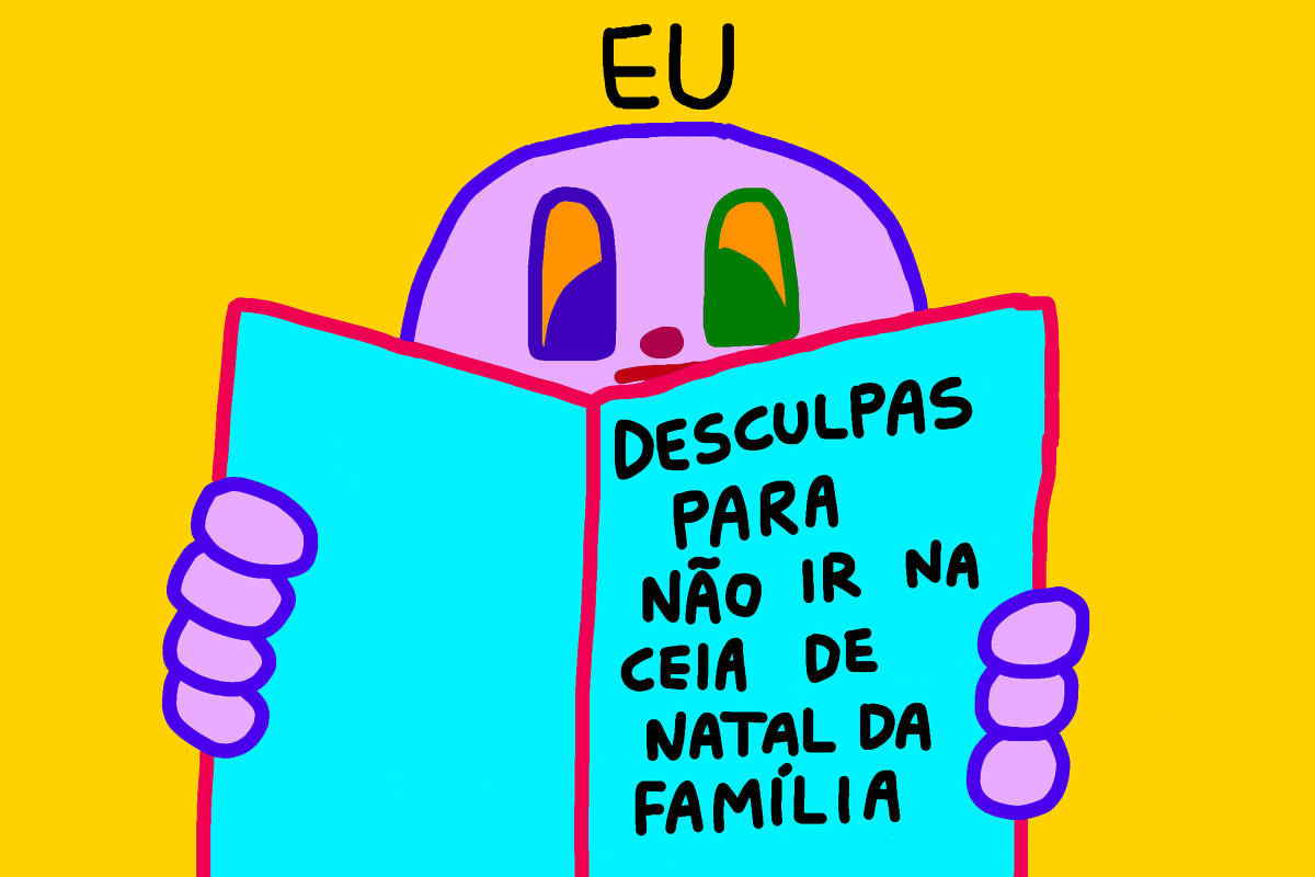 A imagem apresenta um personagem de cor roxa com olhos coloridos, segurando um cartaz azul. O cartaz contém a frase: 'DESCULPAS PARA NÃO IR NA CEIA DE NATAL DA FAMÍLIA'. O fundo da imagem é amarelo.