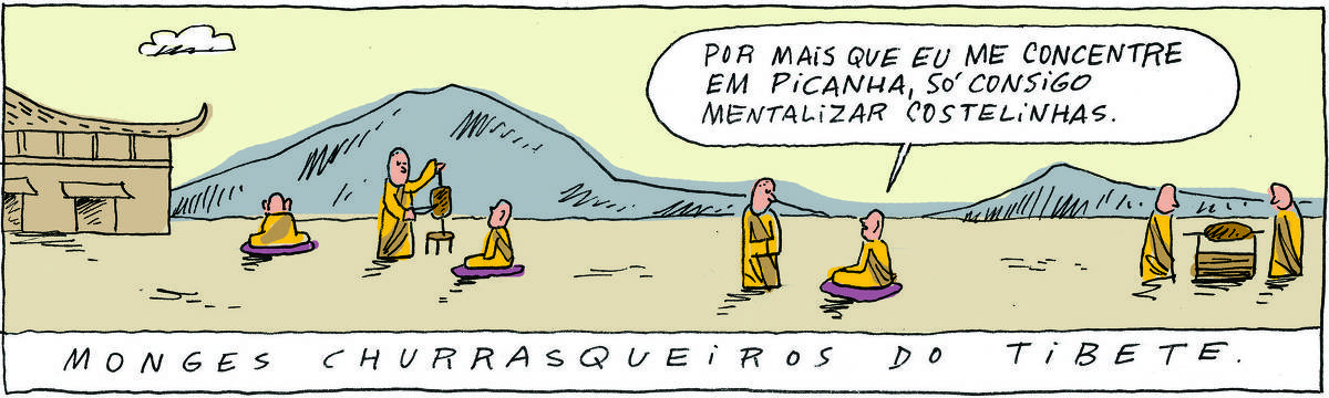 A tirinha Bicudinho, publicada em 18/12/2024, traz o entorno de um mosteiro onde monges fazem um churrasco. Um deles comenta com outro: Apesar de só me concentrar em picanha, só consigo mentalizar costelinhas. Abaixo, a legenda: Monges churrasqueiros do Tibete.